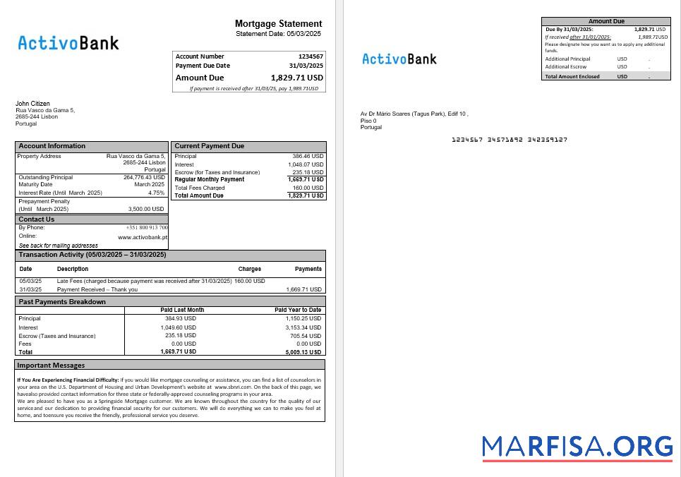 Downloadable Portugal Activobank mortgage statement in Word and PDF formats template